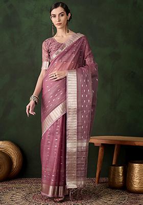Onion Pink Woven Jacquard Khadi Organza Saree Set