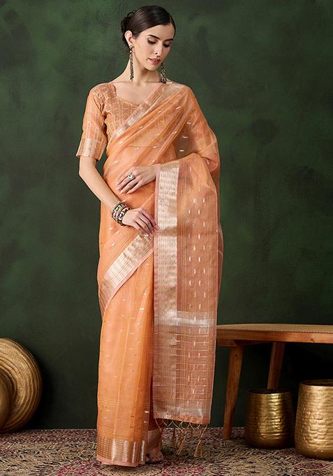 Peach Woven Jacquard Khadi Organza Saree Set