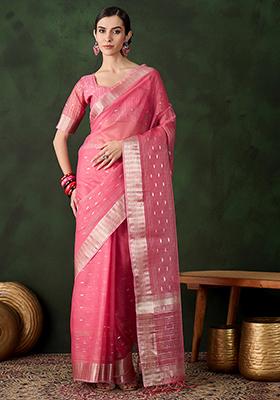 Pink Woven Jacquard Khadi Organza Saree Set