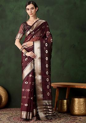 Burgundy Woven Jacquard Khadi Organza Saree Set