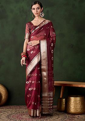 Maroon Woven Jacquard Khadi Organza Saree Set