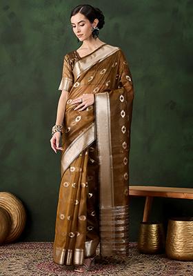 Mustard Woven Jacquard Khadi Organza Saree Set