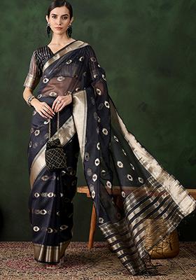 Navy Blue Woven Jacquard Khadi Organza Saree Set