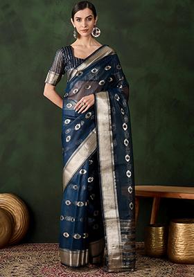Teal Woven Jacquard Khadi Organza Saree Set