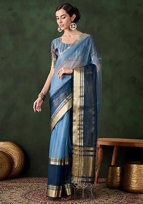 Blue Woven Jacquard Khadi Organza Saree Set