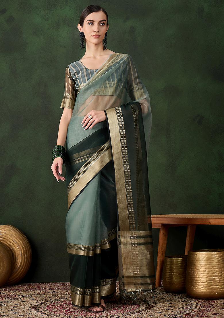 Green Woven Jacquard Khadi Organza Saree Set
