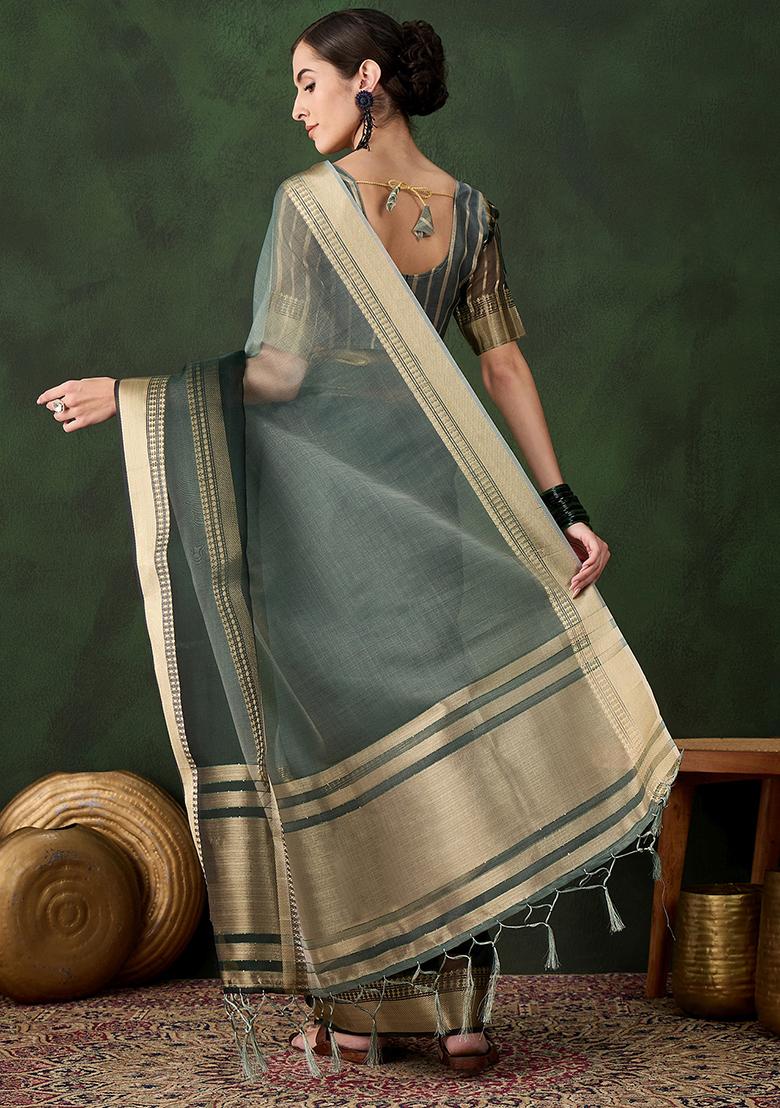Green Woven Jacquard Khadi Organza Saree Set
