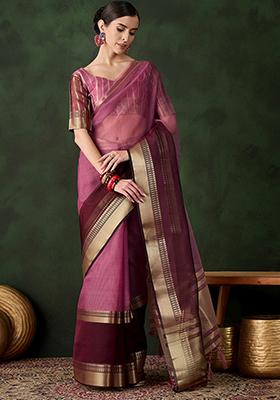 Wine Woven Jacquard Khadi Organza Saree Set