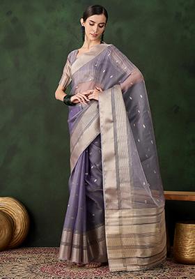 Lavender Woven Khadi Organza Saree Set