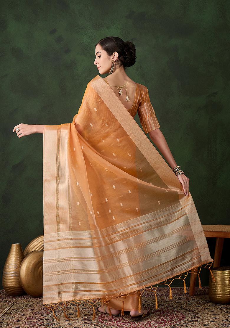 Orange Woven Khadi Organza Saree Set