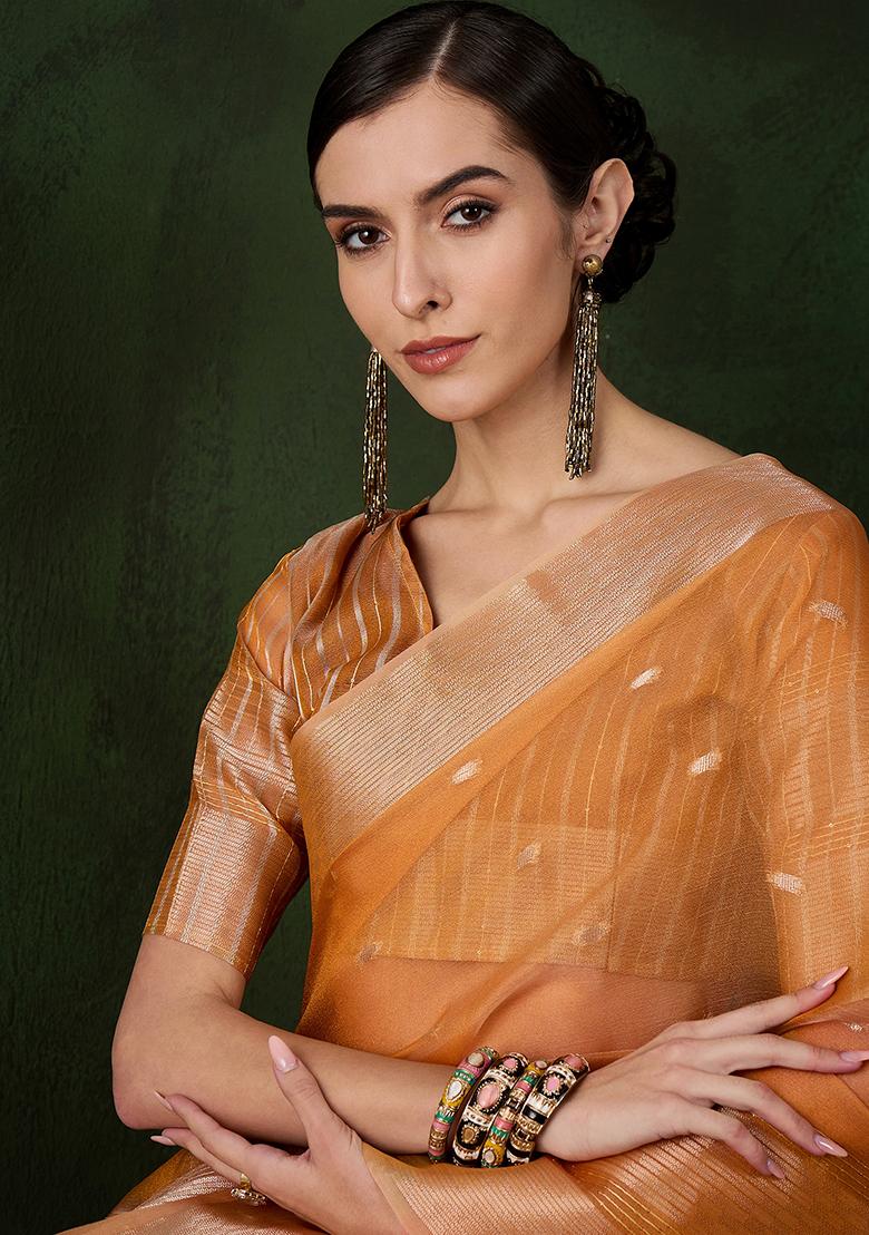 Orange Woven Khadi Organza Saree Set