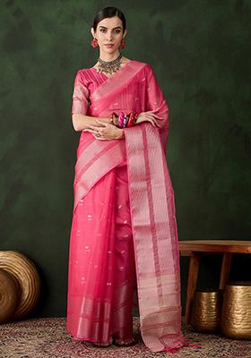 Pink Woven Khadi Organza Saree Set