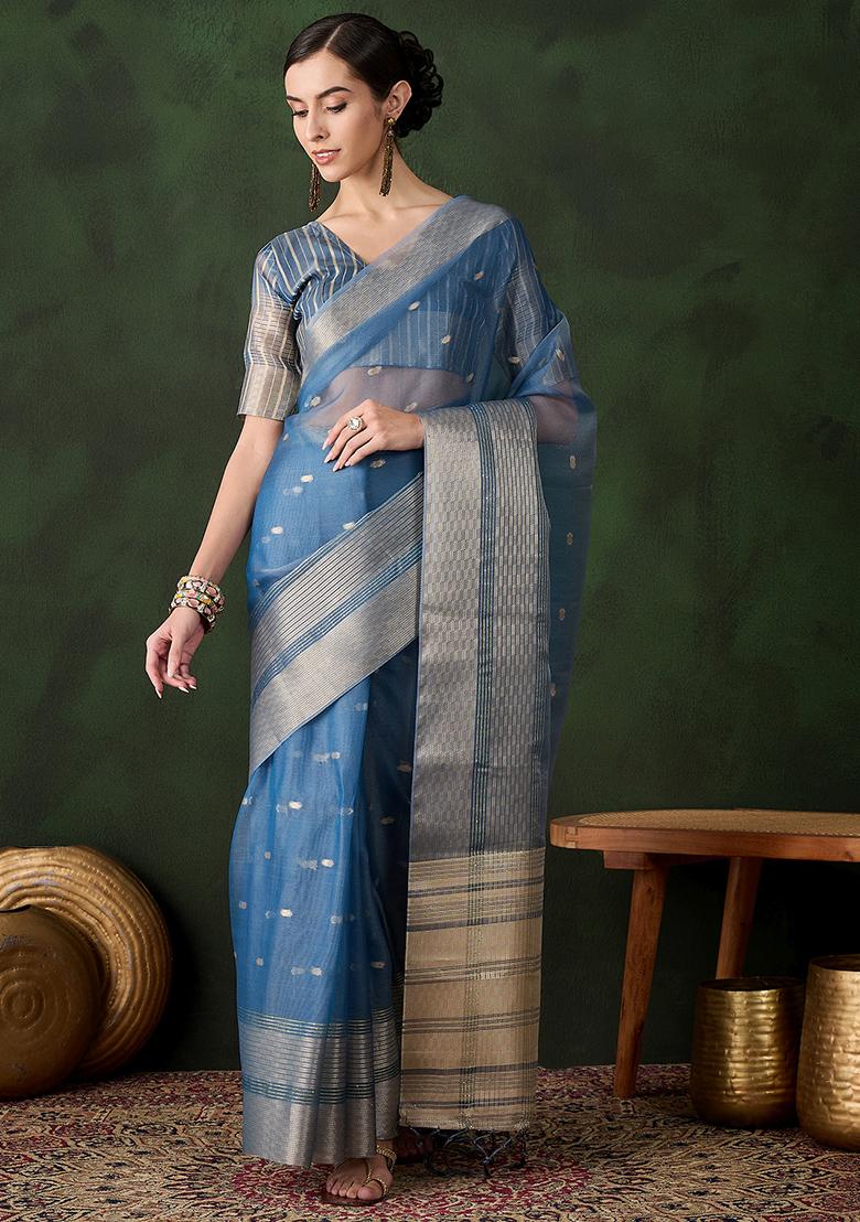 Teal Woven Khadi Organza Saree Set
