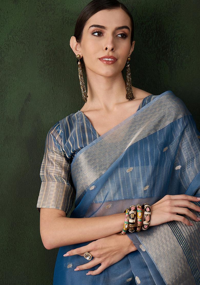 Teal Woven Khadi Organza Saree Set