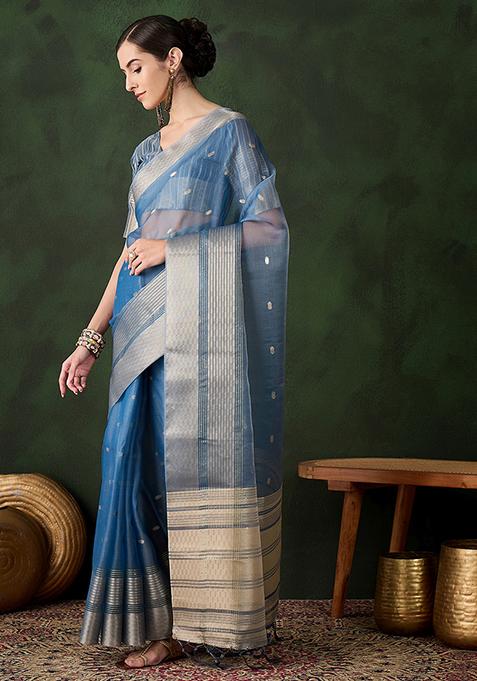 Teal Woven Khadi Organza Saree Set