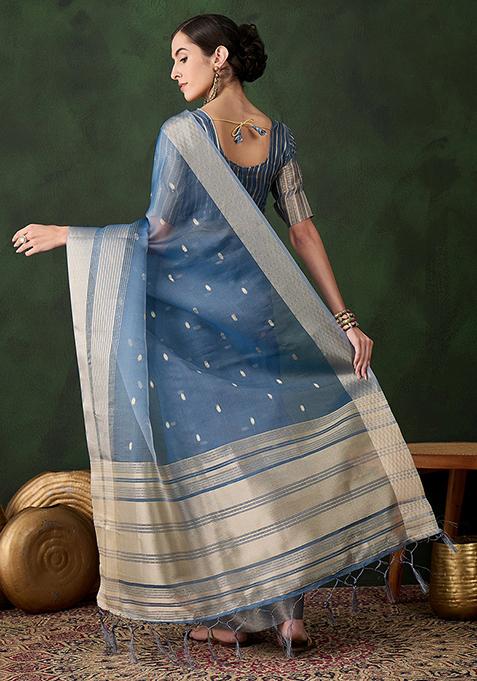 Teal Woven Khadi Organza Saree Set