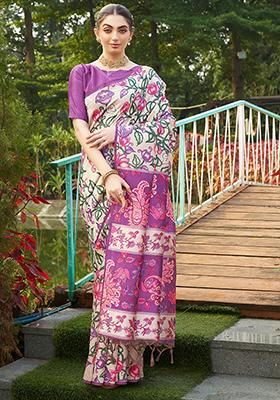 Violet Kalamkari Print Tussar Silk Saree Set