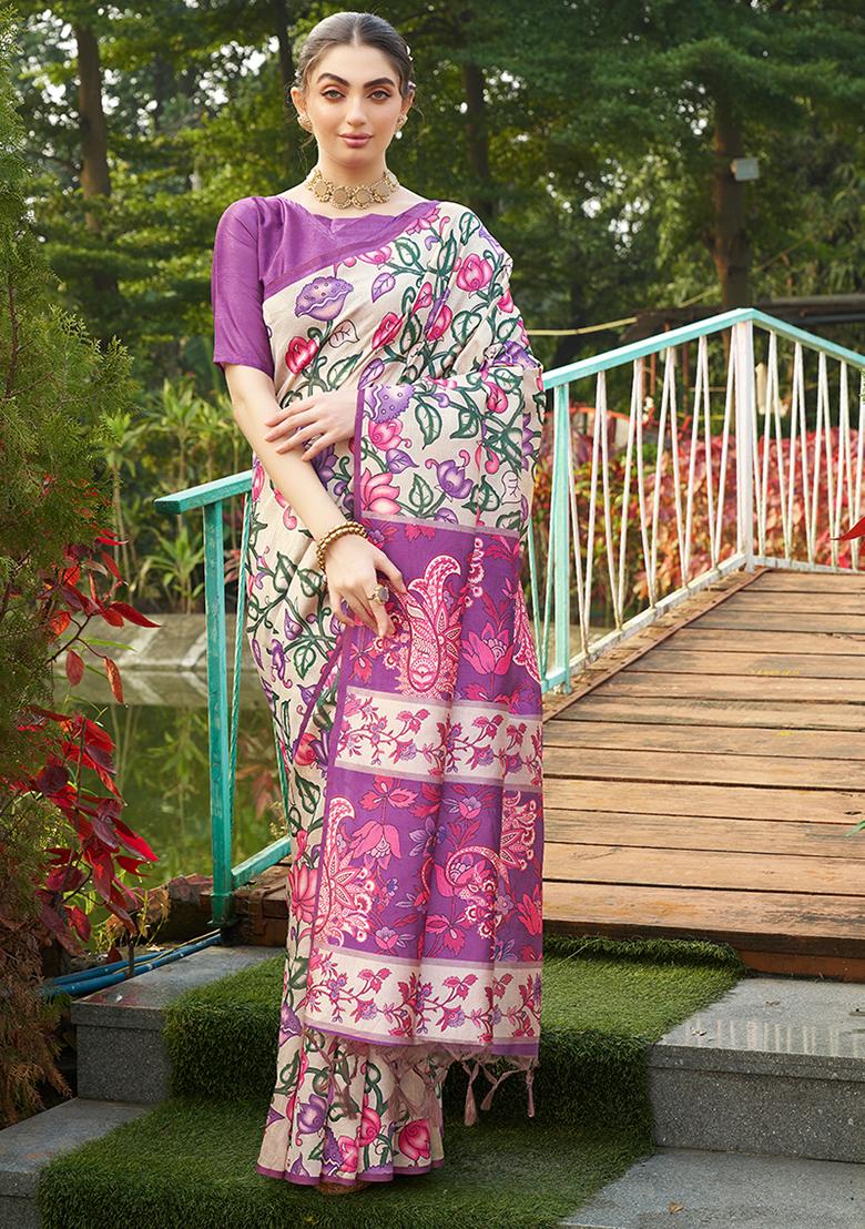Violet Kalamkari Print Tussar Silk Saree Set