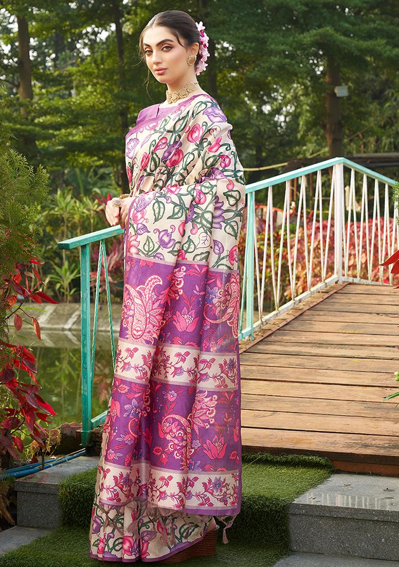 Violet Kalamkari Print Tussar Silk Saree Set