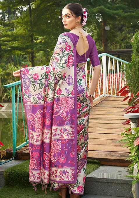 Violet Kalamkari Print Tussar Silk Saree Set