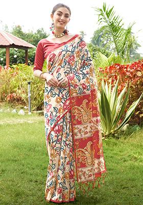 Red Kalamkari Print Tussar Silk Saree Set