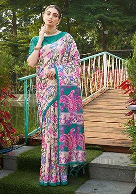 Rama Blue Kalamkari Print Tussar Silk Saree Set