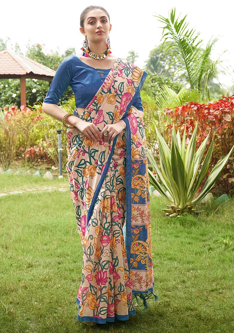 Blue Kalamkari Print Tussar Silk Saree Set - Indya