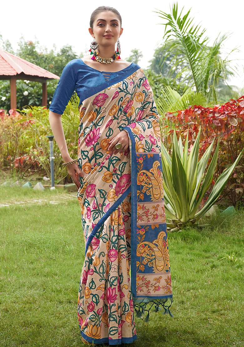 Blue Kalamkari Print Tussar Silk Saree Set - Indya