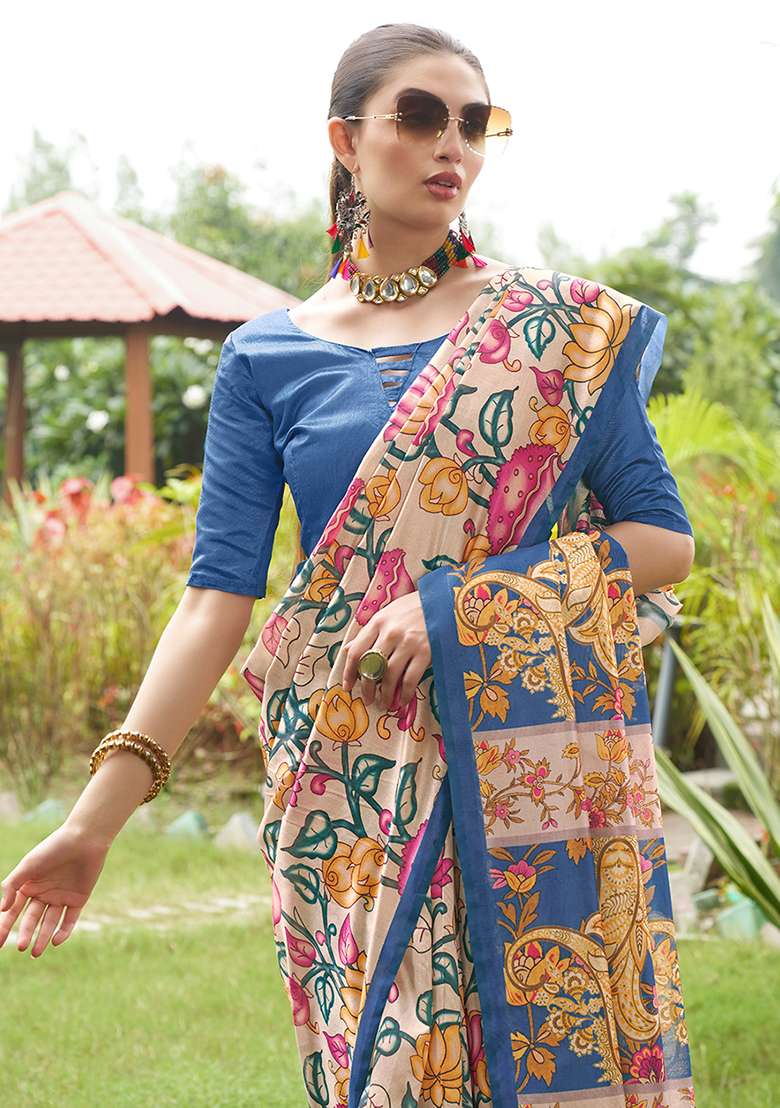 Blue Kalamkari Print Tussar Silk Saree Set - Indya