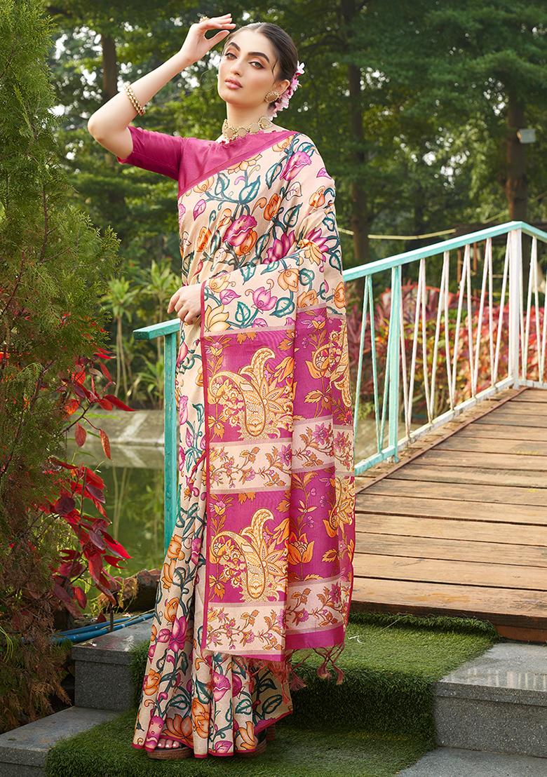 Pink Kalamkari Print Tussar Silk Saree Set