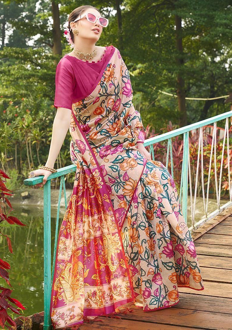 Pink Kalamkari Print Tussar Silk Saree Set