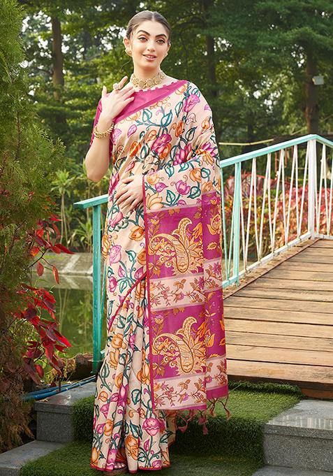 Pink Kalamkari Print Tussar Silk Saree Set