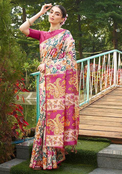Pink Kalamkari Print Tussar Silk Saree Set