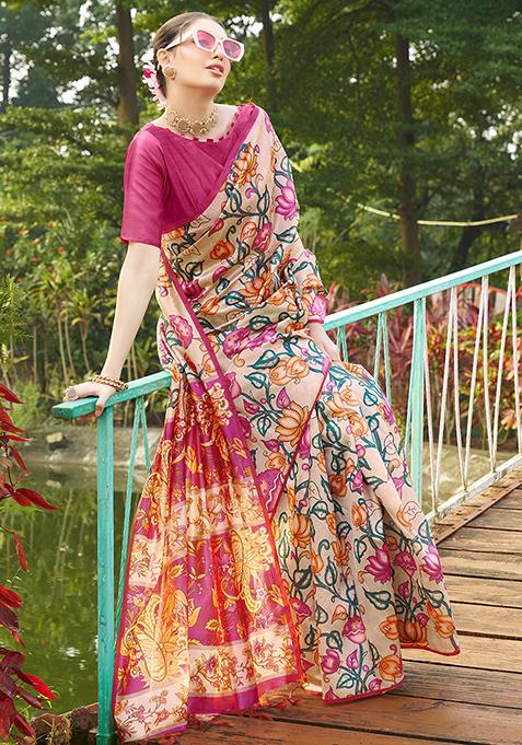 Pink Kalamkari Print Tussar Silk Saree Set
