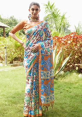 Mustard Kalamkari Print Tussar Silk Saree Set