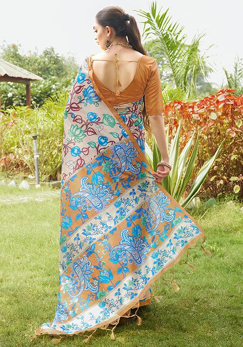 Mustard Kalamkari Print Tussar Silk Saree Set