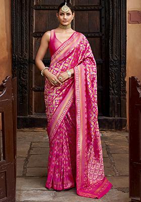 Pink Woven Viscose Silk Saree Set