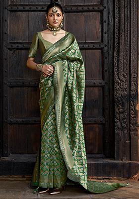Green Woven Viscose Silk Saree Set