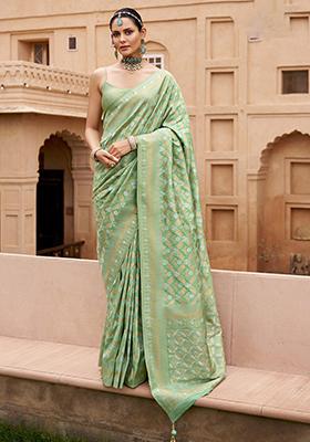 Pista Green Woven Viscose Silk Saree Set