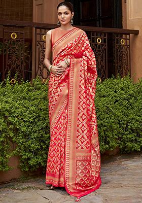 Red Woven Viscose Silk Saree Set