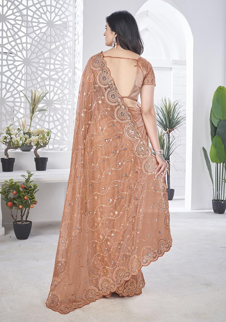 Peach Thread Embroidered Tissue Net Saree Set