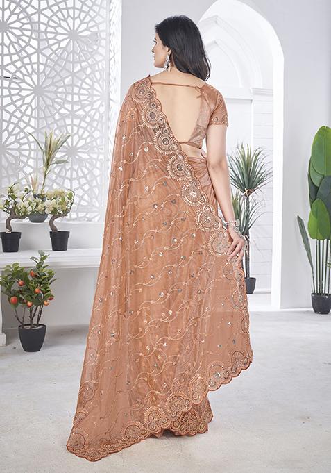Peach Thread Embroidered Tissue Net Saree Set