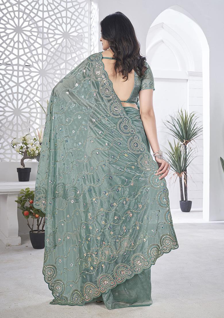 Grey Sequin Thread Embroidered Tissue Net Saree Set