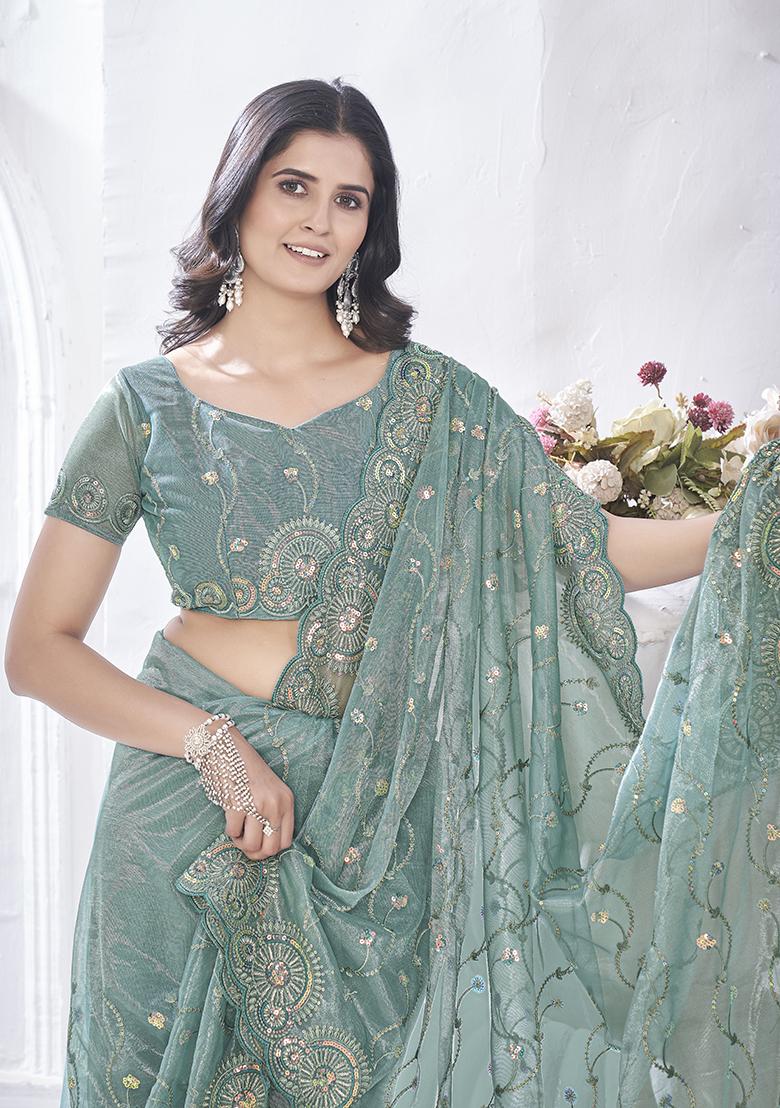 Grey Sequin Thread Embroidered Tissue Net Saree Set