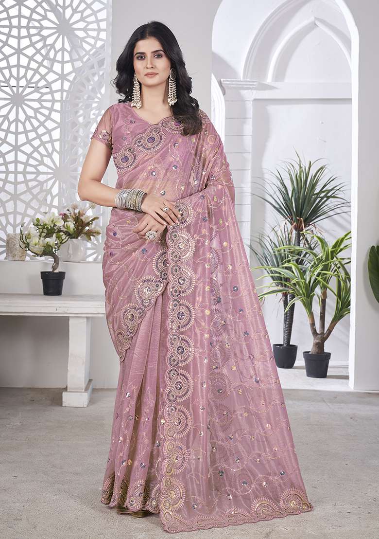 Pink Sequin Thread Embroidered Tissue Net Saree Set - Indya
