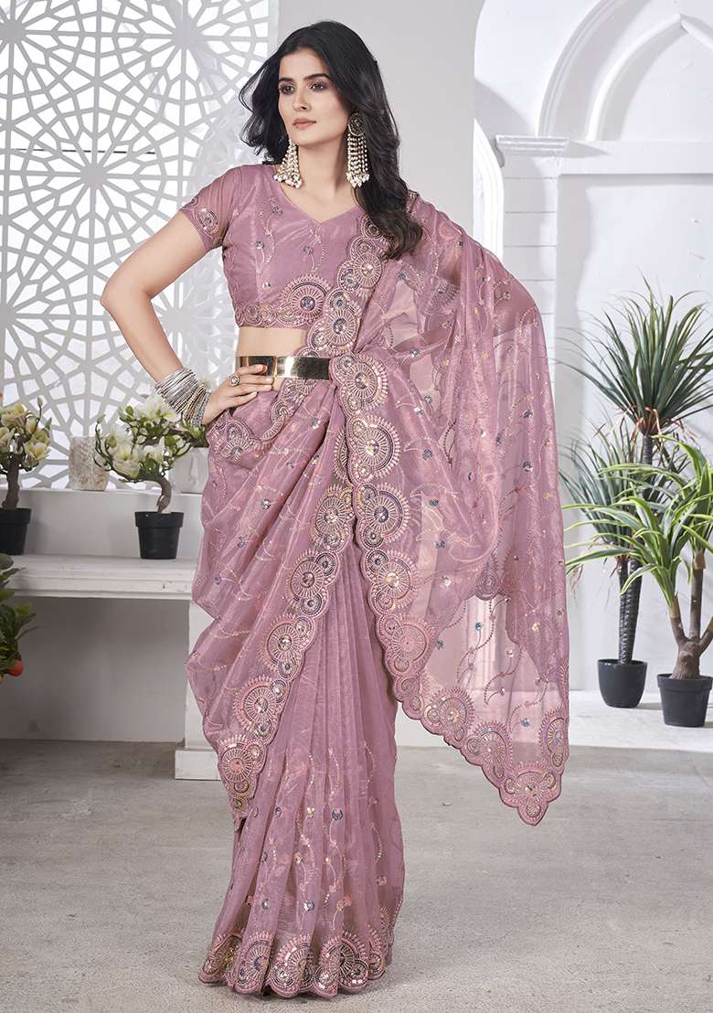 Pink Sequin Thread Embroidered Tissue Net Saree Set - Indya
