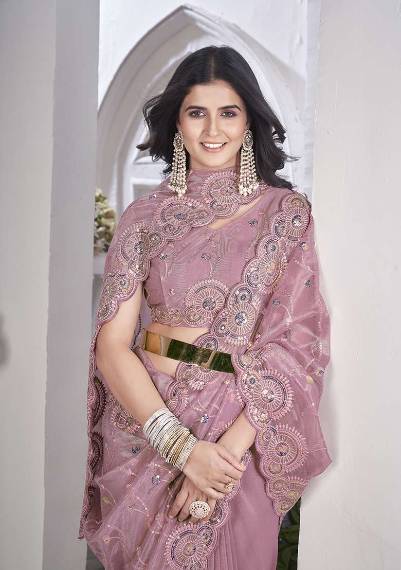 Pink Sequin Thread Embroidered Tissue Net Saree Set - Indya