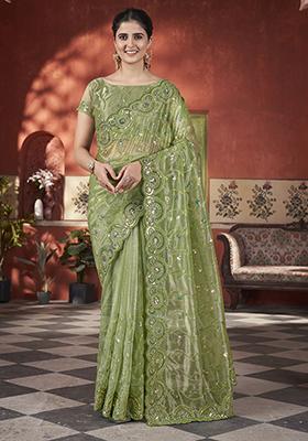 Green Sequin Thread Embroidered Tissue Net Saree Set