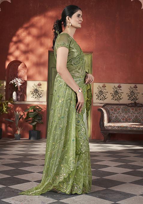 Green Sequin Thread Embroidered Tissue Net Saree Set