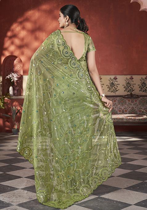 Green Sequin Thread Embroidered Tissue Net Saree Set